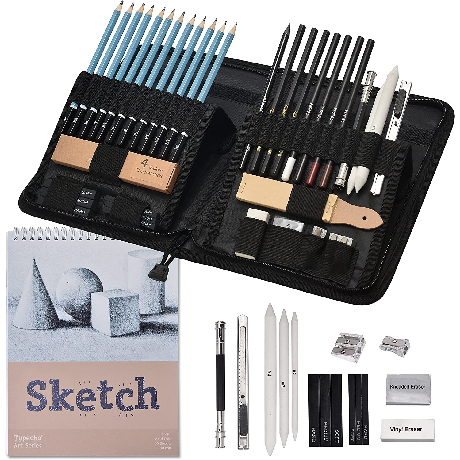 Drawing and Sketching Pencil Art Set (20 Items) - Complete Kit with Graphite  Pencils, Charcoal Pencils, Sticks, Blending Stumps, Erasers, and  Sharpeners.